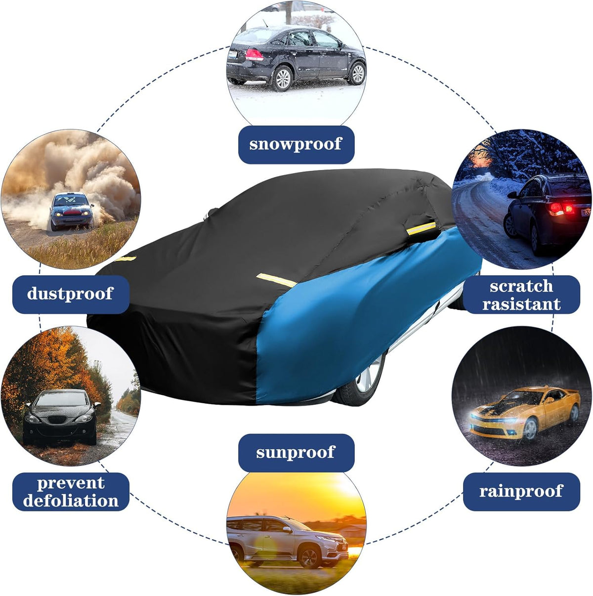 Riakrum Full Car Cover Waterproof All Weather for Automobiles Windproof Cover Rain UV Protection Sun Scratch Resistant Outdoor Universal(Fit Sedan Length (185-193'') 70'' H,Black, Orange)