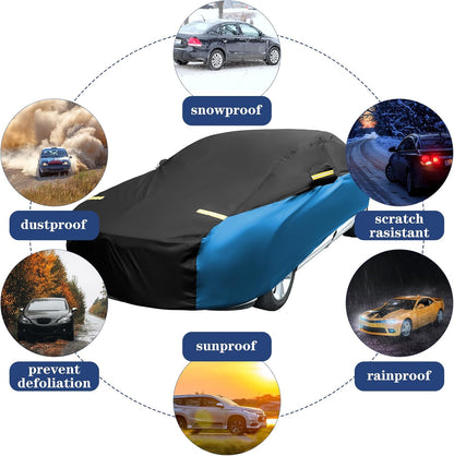 Riakrum Full Car Cover Waterproof All Weather for Automobiles Windproof Cover Rain UV Protection Sun Scratch Resistant Outdoor Universal(Fit Sedan Length (185-193'') 70'' H,Black, Orange)