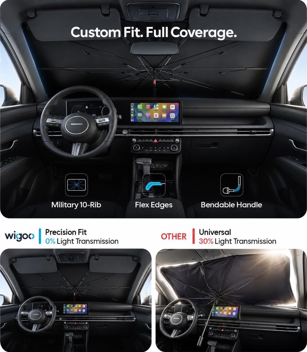 Wigoo Windshield Sun Shade Umbrella for Tesla Model Y [100% Sun Blockage, Ice Cooling Fabric] Foldable Heat Insulation Front Window Sunshade Umbrella for Tesla Model Y 2020–2026 (Juniper)