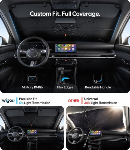 Wigoo Windshield Sun Shade Umbrella for Tesla Model Y [100% Sun Blockage, Ice Cooling Fabric] Foldable Heat Insulation Front Window Sunshade Umbrella for Tesla Model Y 2020–2026 (Juniper)