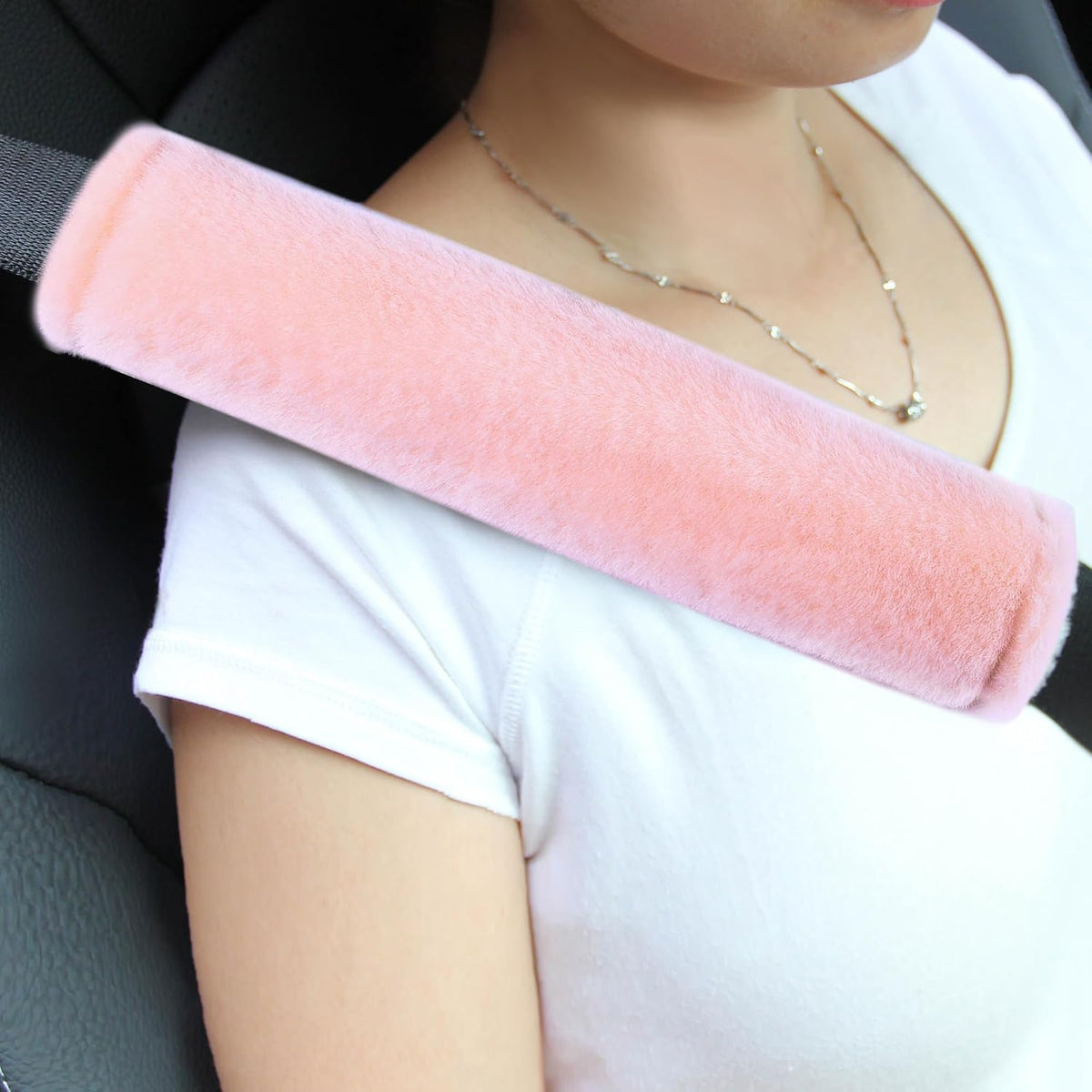 Amooca Soft Faux Fur Universal Fit Seatbelt Cover Car Truck SUV Airplane Seat Belt Shoulder Pad for Carmera Backpack Straps Neck Cushion Protector 2 Pack 10.5in Dark Gray