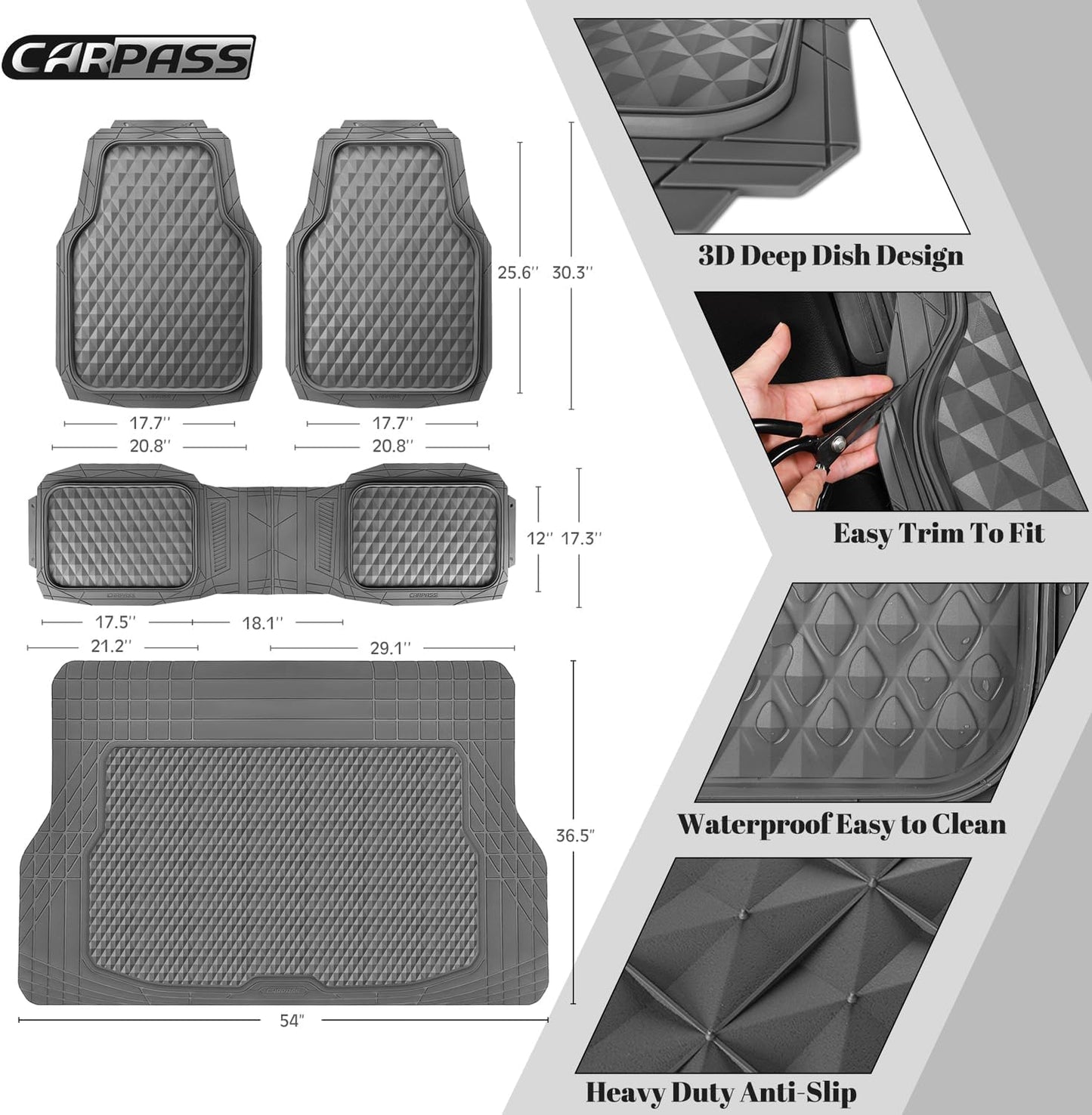 CAR PASS Heavy Duty Rubber Car Mats, Deep Dish All-Weather Floor Mat for Car Full Set Durable Anti-Slip 3D Rhombus Waterproof Trim to Fit Liner Universal Fit Automotive,Sedan,SUV,Truck, 3 Piece Black