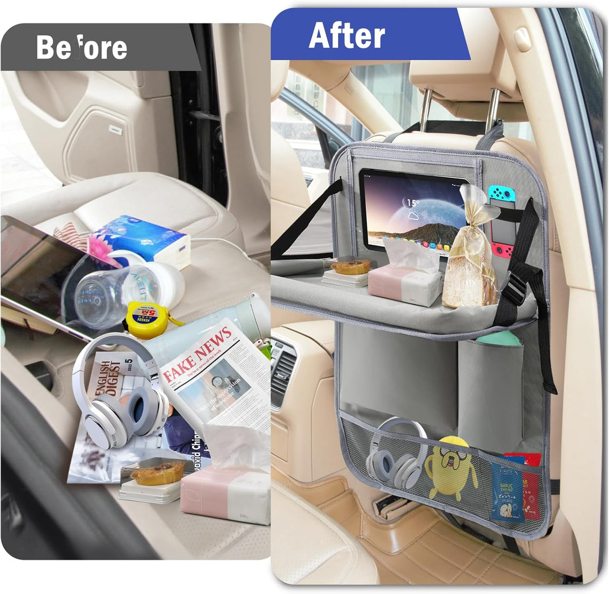 2Pack Car Backseat Organizer with Foldable Table Tray,6 Storage Pockets Car Storage Organizer with Tablet Holder,Car Seat Back Protectors Kick Mats Travel Accessories (Black)