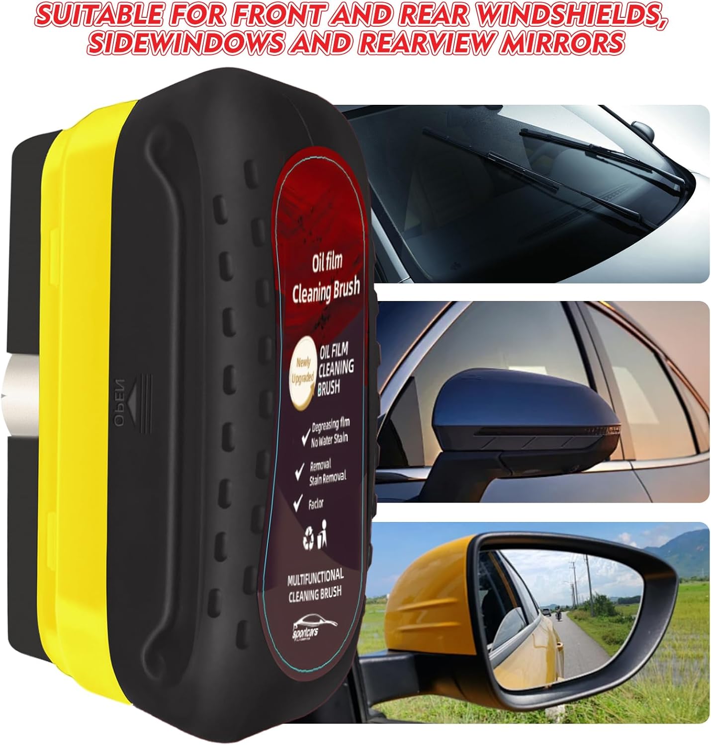 Automotive Oil Film Cleaning Brush with Reusable Foam Sprayer, Upgraded Antifog Glass Cleaning Board, Glass Oil Film Remover for Car Windows & Windshields, Versatile Car Glass Cleaner Brush (Red)
