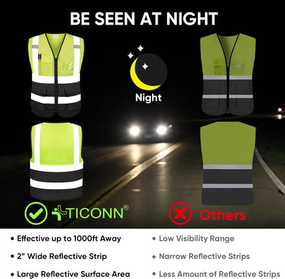 TICONN Reflective Safety Vest High Visibility Class II Mesh Vest for Women & Men Meets ANSI Standards