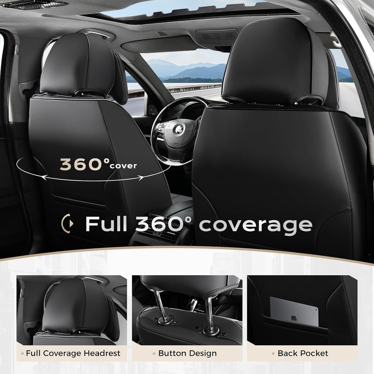 Coverado Seat Covers Full Set, Black Seat Covers for Cars 5 Seats, Car Seat Protector, Waterproof Nappa Leather Car Seat Cushion, Front and Rear Car Seat Cover Fit for Most Sedans SUV Pick-up Truck - Colors B