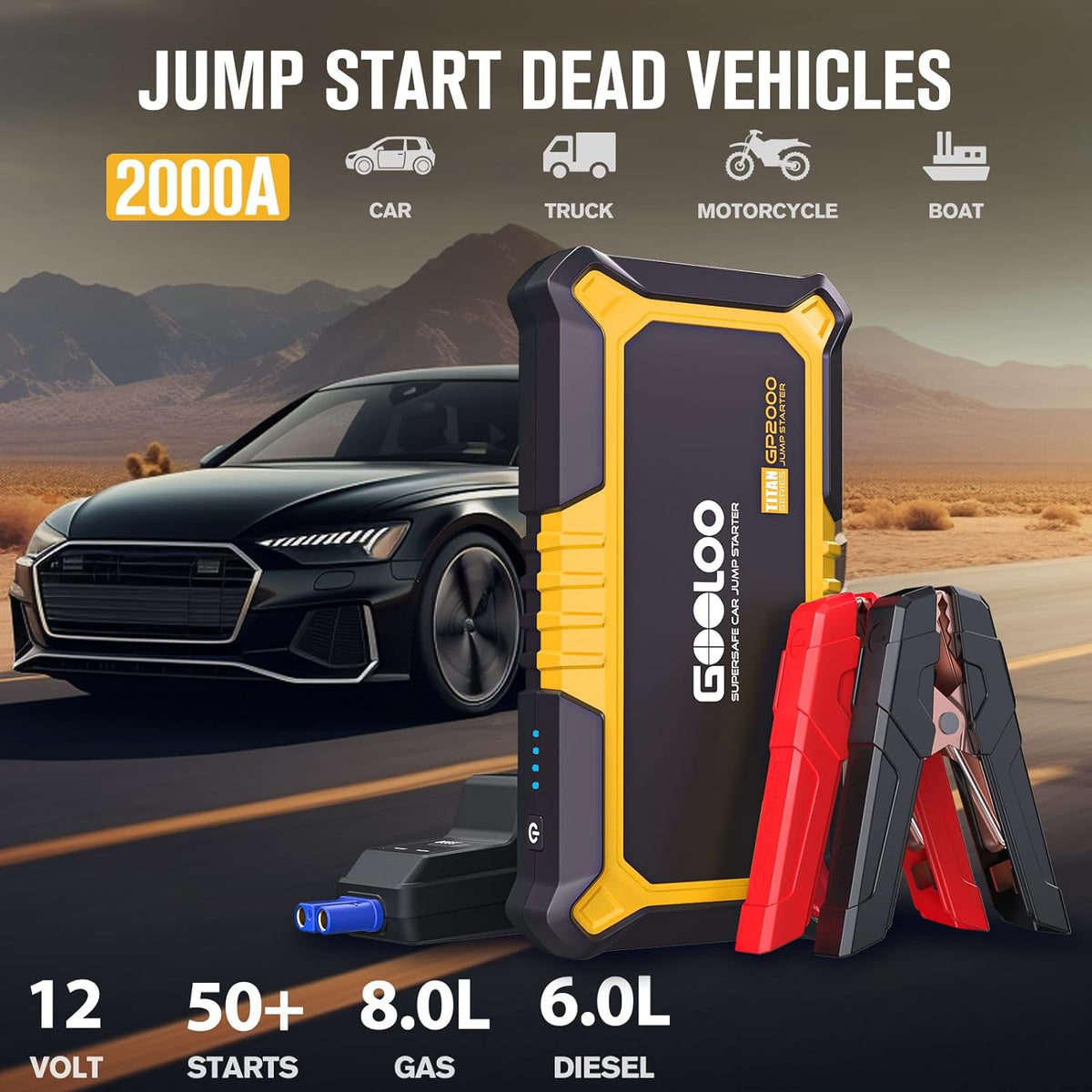 GOOLOO New GP2000 Jump Starter, 12V 2000A Car Jumper Starter(Up to 8.0L Gas, 6.0L Diesel Engines), SuperSafe Portable Battery Charger, Auto Lithium Box Booster Pack with USB Quick Charge, red