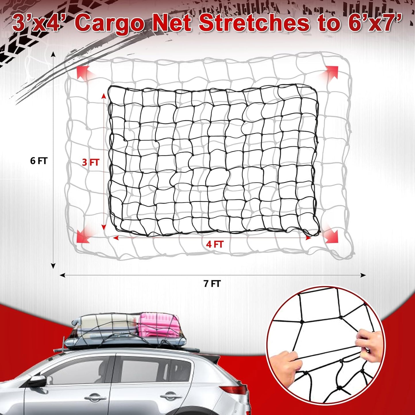Cargo Net 4' x6' Stretches to 8' x 12' Truck Cargo Net for Pickup Truck Bed- Small 4"x4" Mesh Grid Super Duty Bungee Heavy Duty Bed Netting with 12 Adjustable Metal Carabiners by Cenipar