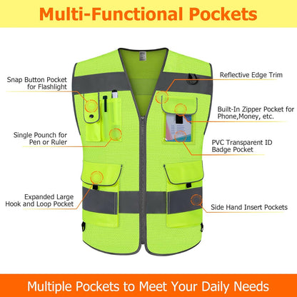TCCFCCT Safety Vest for Men Women 9 Pockets High Visibility Vest for Safety, Reflective Work Vest with Reflective Strips, Meets ANSI/ISEA Standards, (Yellow, Large)