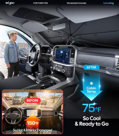 Wigoo Windshield Sun Shade Umbrella, 100% Sun Block, 5th-Gen Ice-Shield Cooling Tech, Reflective Heat Insulation, Portable & Foldable Front Window Sunshade Universal Fit Sedans/SUVs - M: 57"x32"