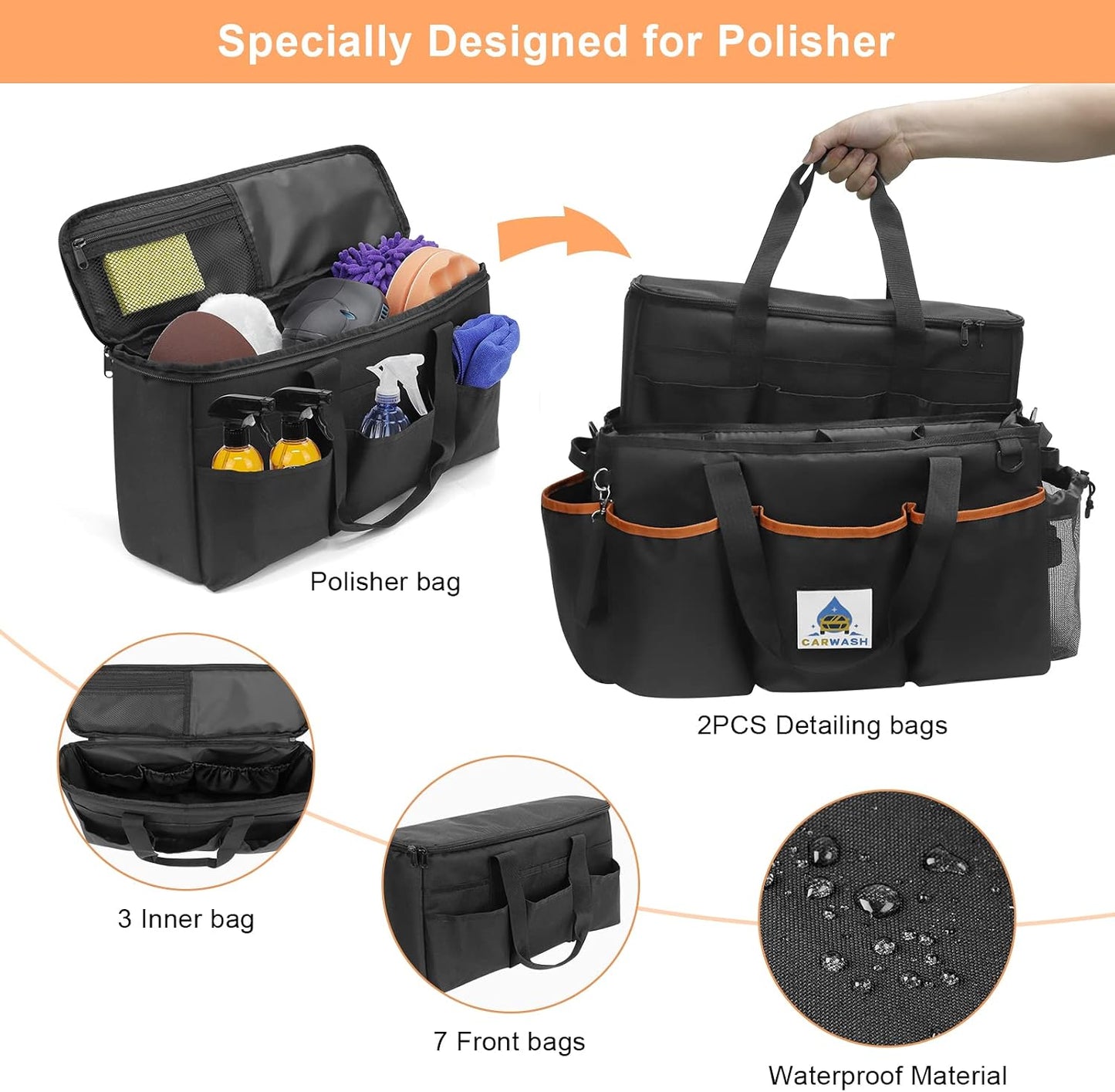 WDG Detailing Bag Cleaning Caddy Organizer with Handle & Polisher Tote Bag Wearable Cleaning Caddy Car Care Storage/Carry Tote for Car Care Supplies Organizer -Small