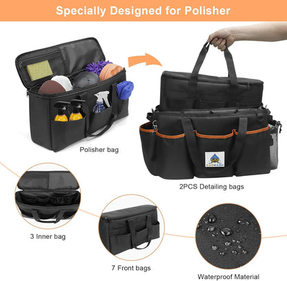 WDG Detailing Bag Cleaning Caddy Organizer with Handle & Polisher Tote Bag Wearable Cleaning Caddy Car Care Storage/Carry Tote for Car Care Supplies Organizer -Small
