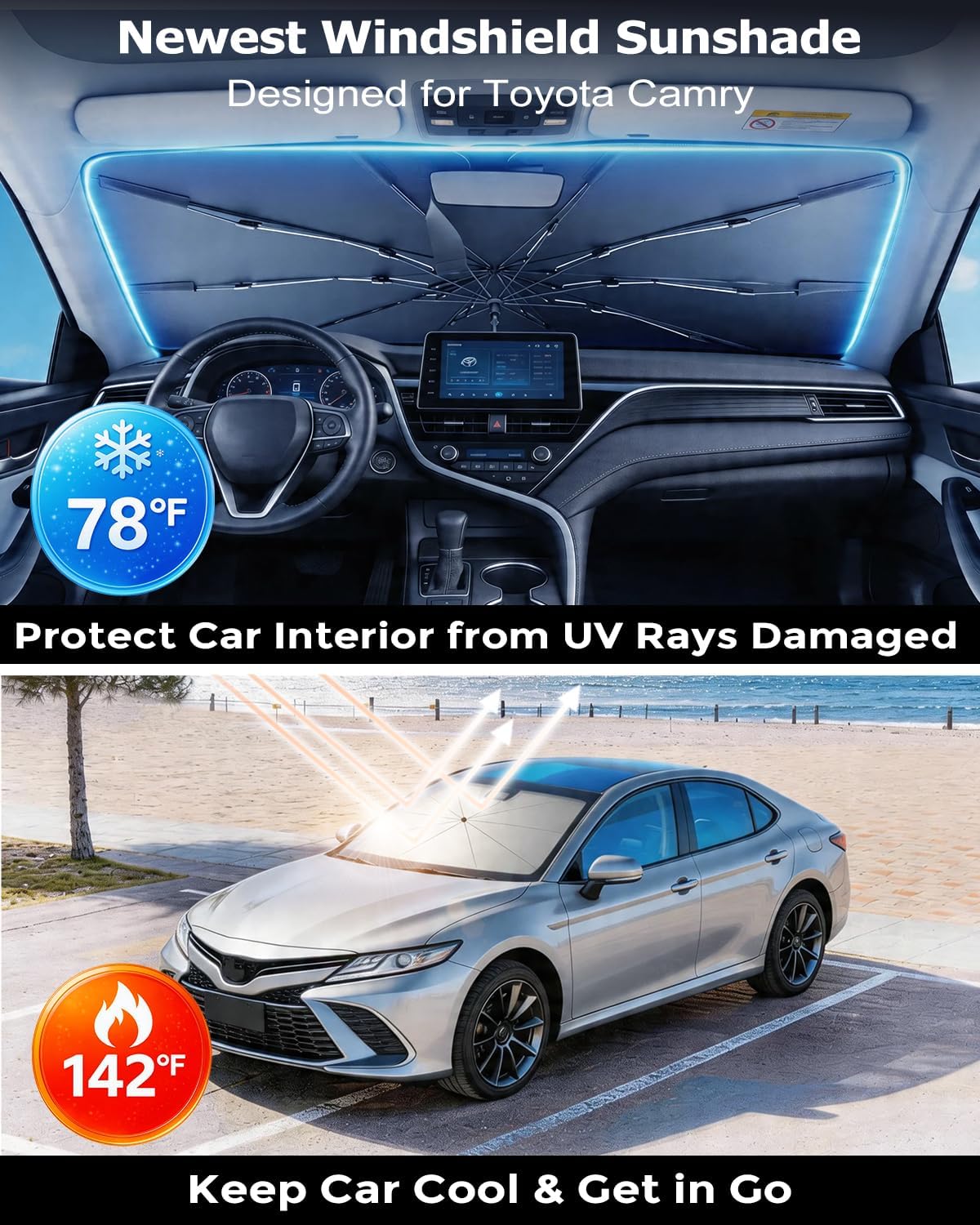 DMJN Umbrella Windshield Sun Shade - Medium, Car Sunshade for Front Windshield [Nano Ice-Crystal Coatings] UPF50+ Heat & UV Block, Protect Interior & Keep Cooler Universal for Car, SUV, Truck