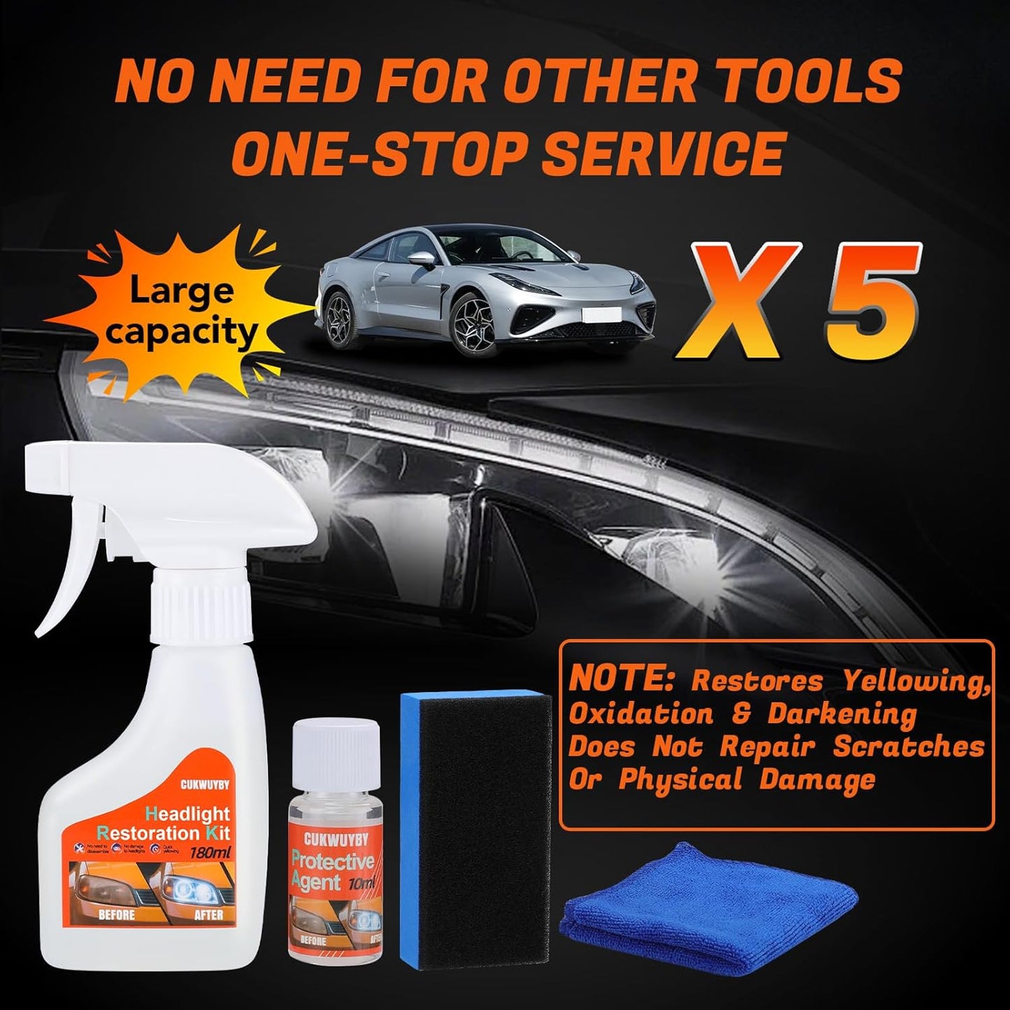 Headlight Restoration Kit Headlight Cleaner Head Light Cleaner Removing Yellowing Oxidized with Headlight Cleaner Coating Agent Sponge Towel (Scratches & Damages Cannot be Repaired)