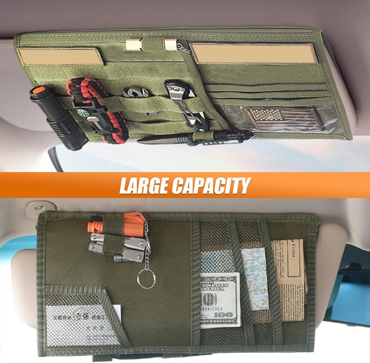 ZIMISI Tactical Molle Car Visor Organizer, 600D Oxford Cloth Truck Visor Molle Panel Sunshade Storage Pouch Holder with Multi-Pocket, Tactical Gear Car Sun Visor Organizer for Most Cars (Black)