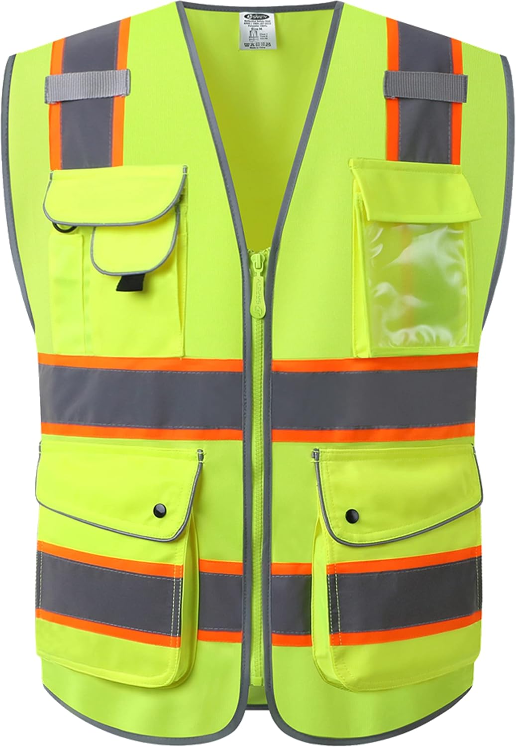 JKSafety 9 Pockets Class 2 High Visibility Zipper Front Safety Vest With Reflective Strips,Meets ANSI/ISEA Standard (Large, 150-Yellow) - Colors B