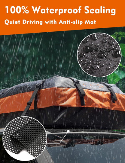 FIVKLEMNZ Car Rooftop Cargo Carrier Roof Bag Waterproof for All Top of Vehicle with/Without Rack Includes Topper Anti-Slip Mat + Reinforced Straps + 6 Door Hooks + Luggage Lock