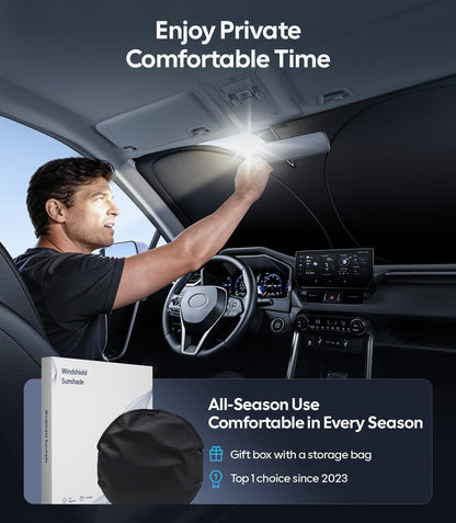 Wigoo Tesla New Model Y Accessories Windshield Sunshade [OEM Design, 100% Sun Blockage] Foldable Heat Insulation Sunshade with Storage Bag, for Model Y 2020~2026 (Juniper), Silver Coating - Colors B