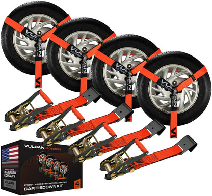 VULCAN Car Tie Down with Flat Hooks - Lasso Style - 2 Inch x 96 Inch - 4 Pack - Silver Series - 3,300 Pound Safe Working Load