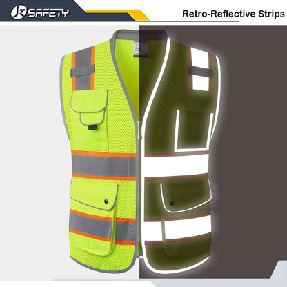 JKSafety 9 Pockets Class 2 High Visibility Zipper Front Safety Vest With Reflective Strips,Meets ANSI/ISEA Standard (Large, 150-Yellow) - Colors A
