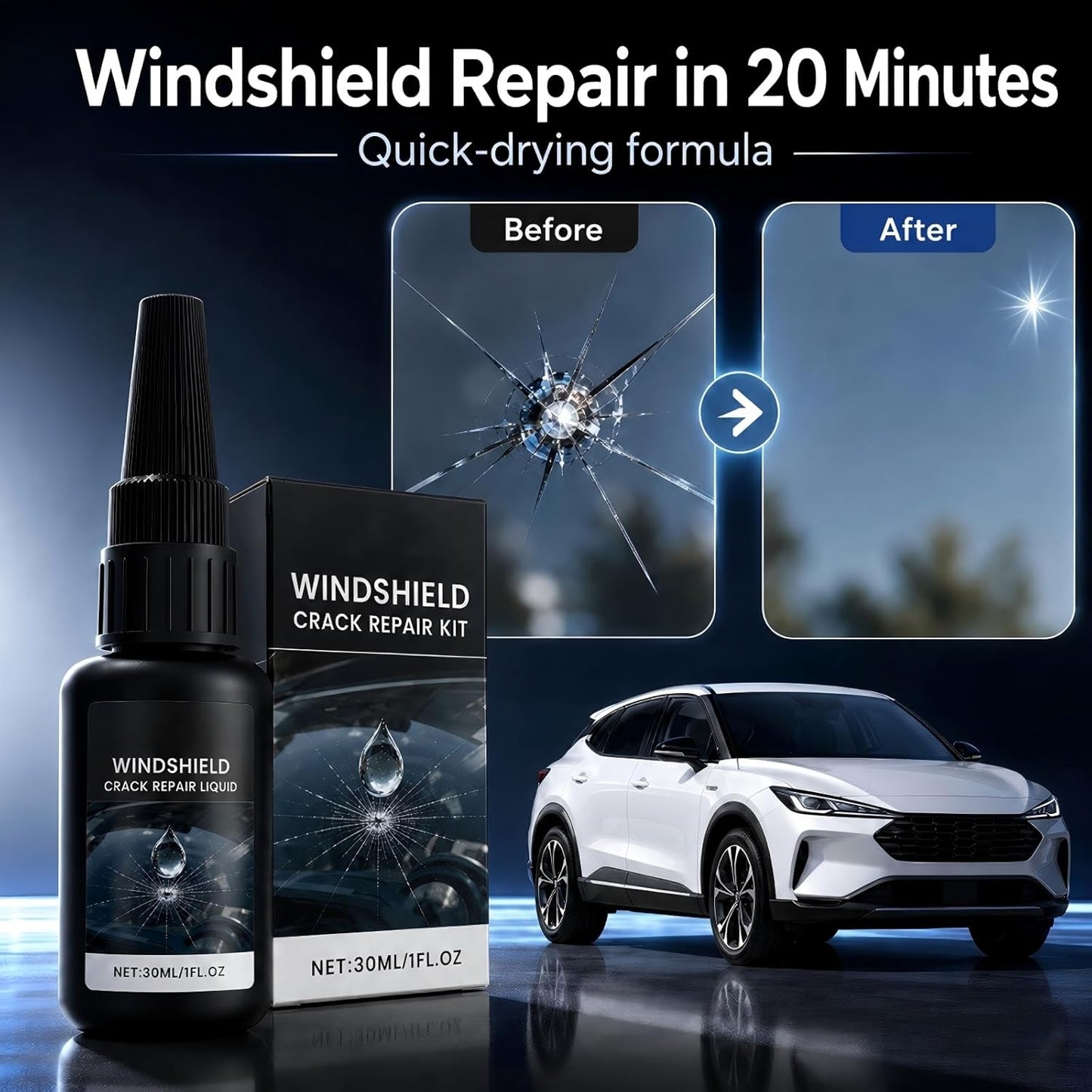Windshield Crack Repair Kit, 2026 New Upgrate Windshield Repair Kit for Chips and Cracks with 30ml Glass Repair Liquid 1 Towel 1 Blade 5 Curing Films, Cracks Gone Glass Repair Kit (1 Black)