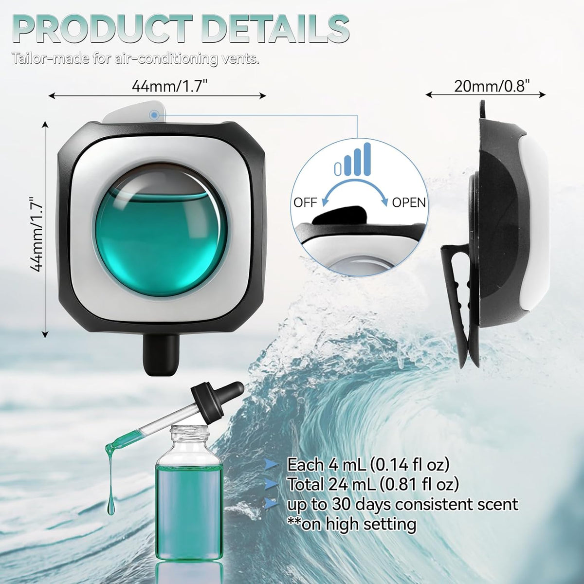 Car Air Freshener Vent Clip 6 Pack 4ml Each Up to 180 Days Long Lasting Scent Odor Eliminator for Women Men(Ocean Breeze)
