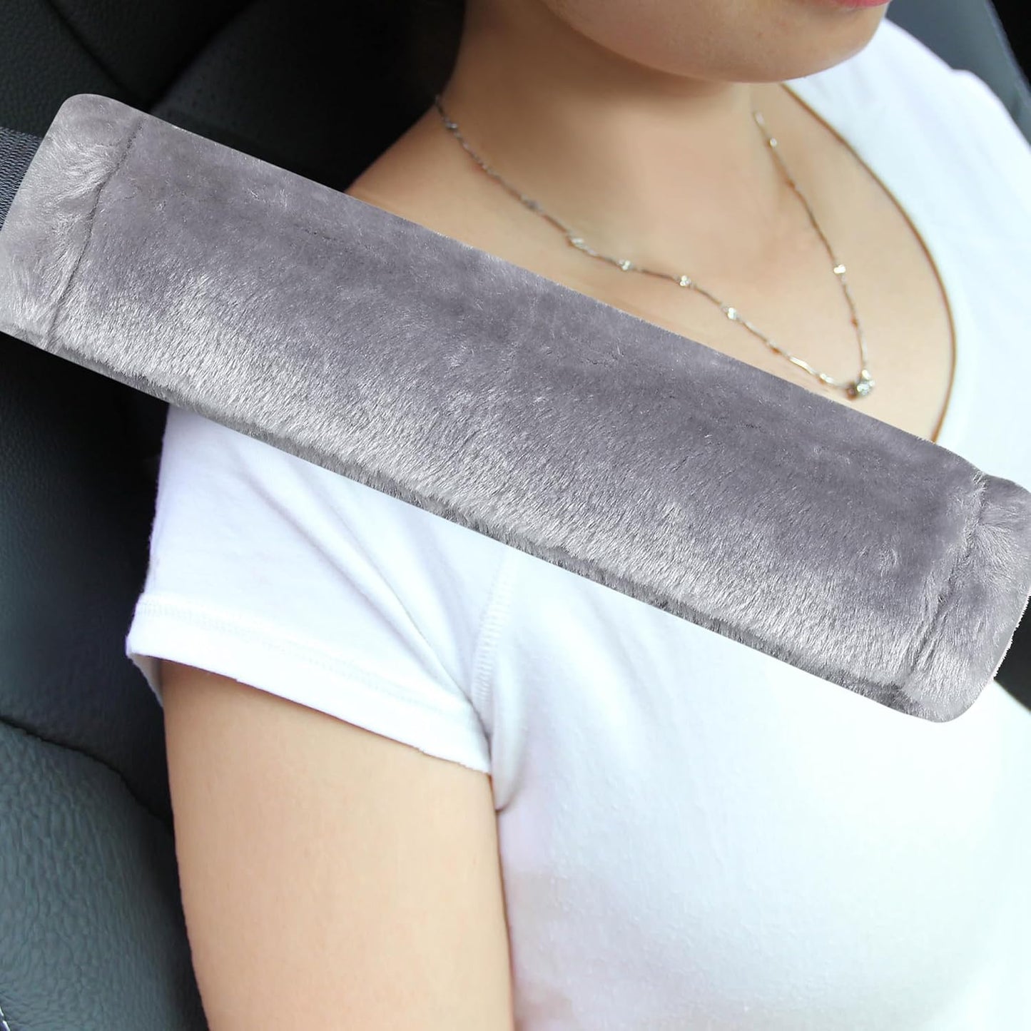 Amooca Soft Faux Fur Universal Fit Seatbelt Cover Car Truck SUV Airplane Seat Belt Shoulder Pad for Carmera Backpack Straps Neck Cushion Protector 2 Pack 10.5in Dark Gray