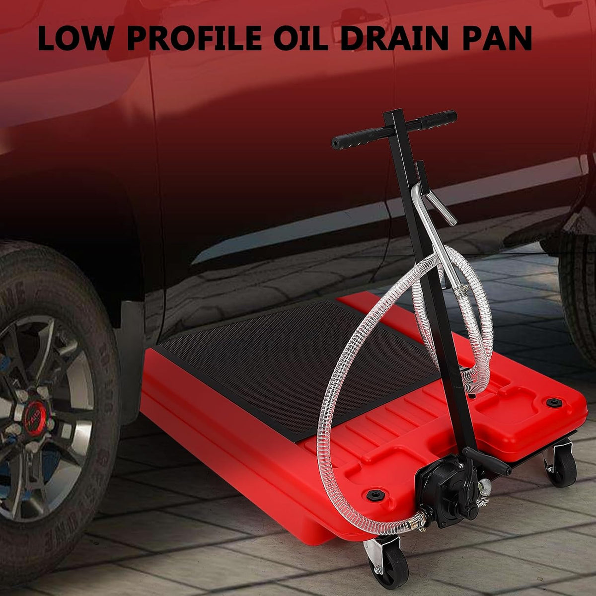 Garvee 20 gal Oil Drain Pan Oil Drain Tank, 76 L Low Profile Oil Drain Pan, Large Capacity Oil Change Pan with Manual Pump & T Foldable Hand and Wheels, 8 ft Hose Oil Drain Cart for Car, SUV, Trucks