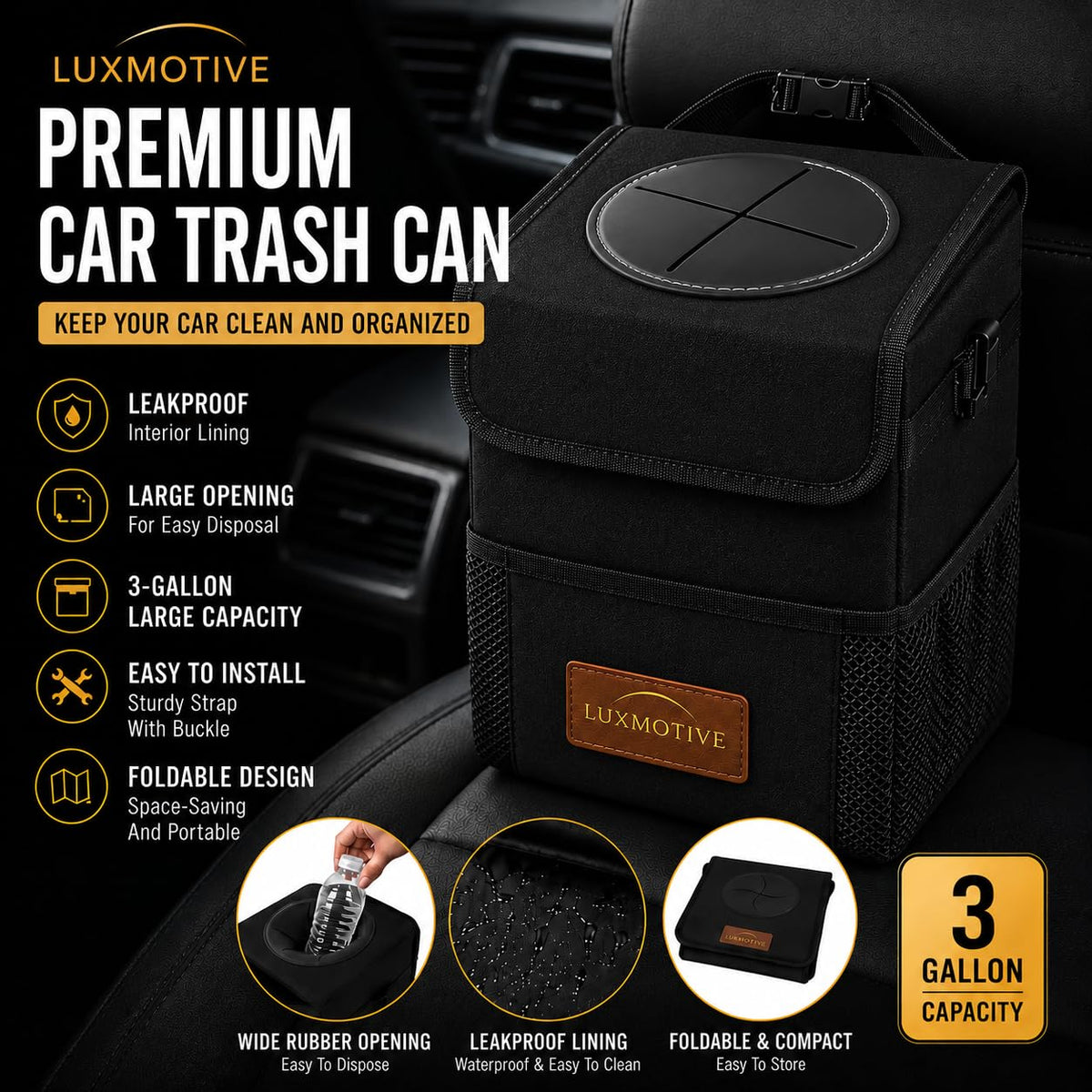 LuxMotive Car Trash Can – 3 Gallon Leakproof Waterproof Auto Trash Bin, Hanging Car Garbage Container with Lid & Storage Pockets, Foldable Car Organizer for Vehicle Interior (Black)