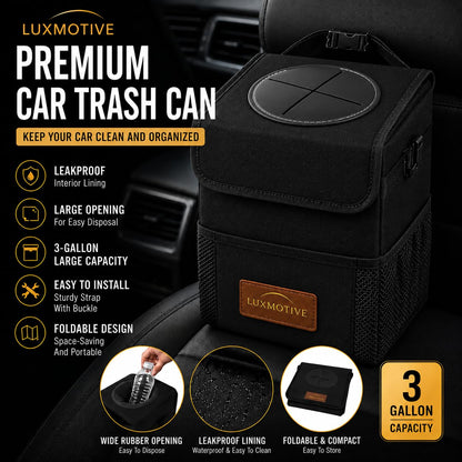 LuxMotive Car Trash Can – 3 Gallon Leakproof Waterproof Auto Trash Bin, Hanging Car Garbage Container with Lid & Storage Pockets, Foldable Car Organizer for Vehicle Interior (Black)