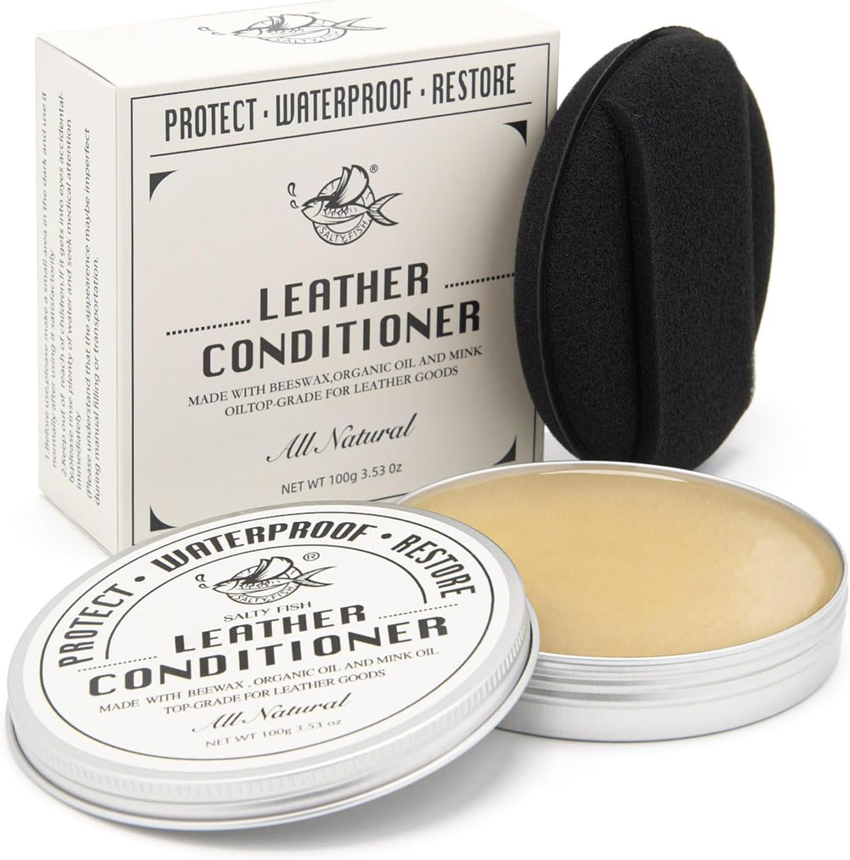 SALTY FISH All-Natural Leather Conditioner and Cleaner,Made with Mink Oil Beeswax,Protect Soften Waterproof Leather Furniture,Car Seats,Shoes,Boots,Bags (3.53 Oz)