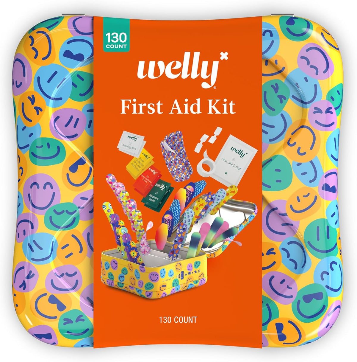 Welly First Aid Kit | FSA Eligible | Adhesive Flexible Fabric and Waterproof Bandages, Tape and Non-Stick Pads, Butterfly Strips, Triple Antibiotic and Hydrocortisone Ointments, Ibuprofen - 130 Count