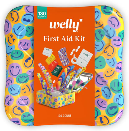 Welly First Aid Kit | FSA Eligible | Adhesive Flexible Fabric and Waterproof Bandages, Tape and Non-Stick Pads, Butterfly Strips, Triple Antibiotic and Hydrocortisone Ointments, Ibuprofen - 130 Count