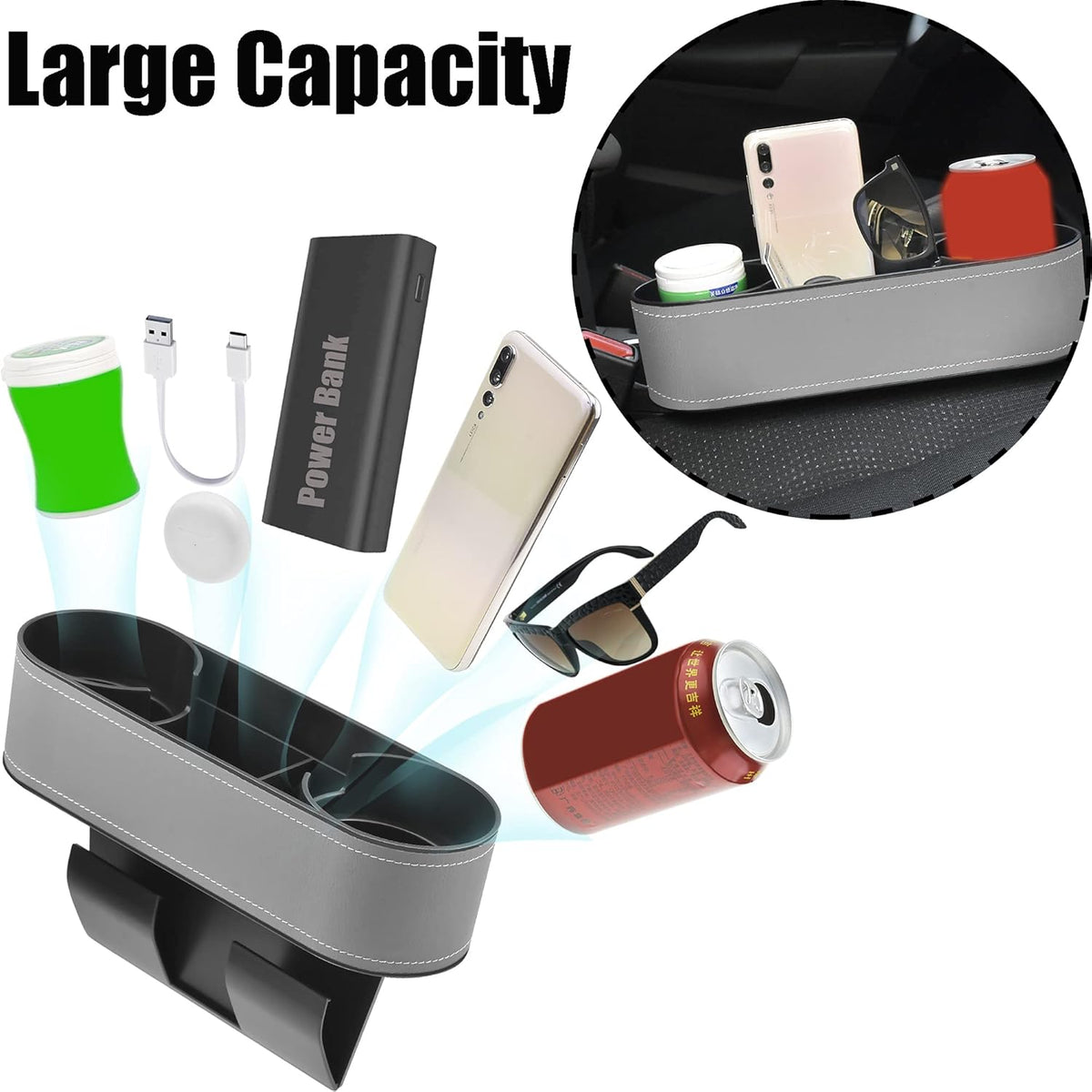 IOKONE Car Cup Holder, Auto Cup Drink Holders，Multifunctional Auto Front Seat Organizer with PU Leather Cover, Gap Filler Storage Box Coin Bucket Console Side Pocket Cell Mobile Phone Holder (Black)