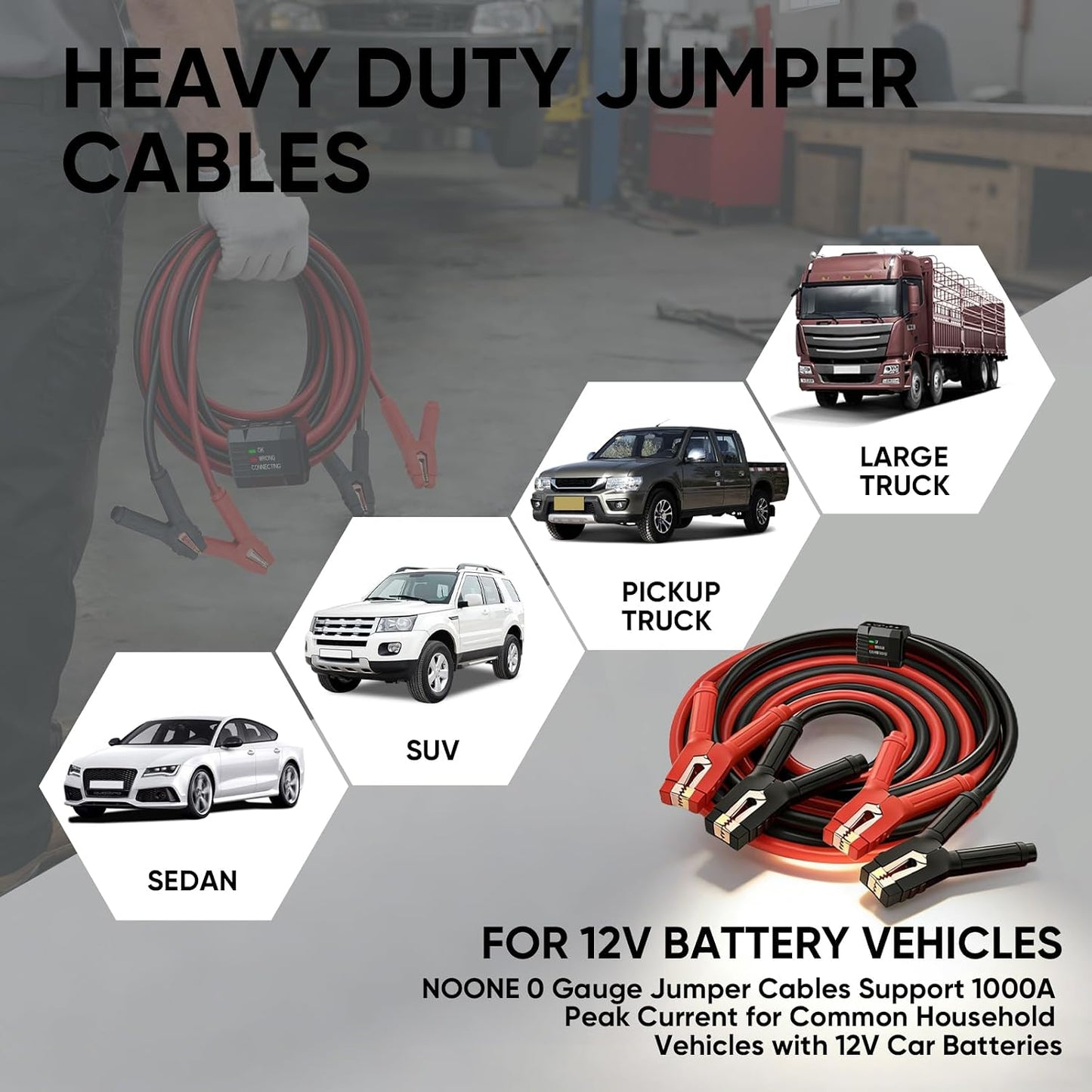 NOONE Jumper Cables for Car Battery, Heavy Duty Automotive Booster Cables for Jump Starting Dead or Weak Batteries (10-Feet)