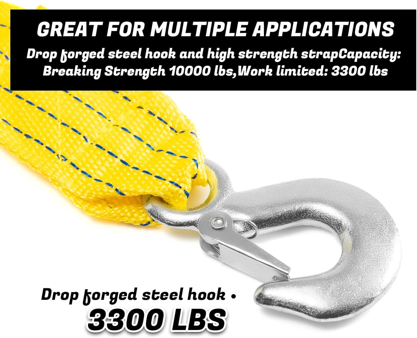 Tow Strap 118 Inch Heavy Duty 10,000 LB Capacity, Boat Winch Strap with Reinforced Loops, Recovery Tow Rope for Vehicle Off-Road & Marine Use, Boat Winch Strap with Hook Alternative