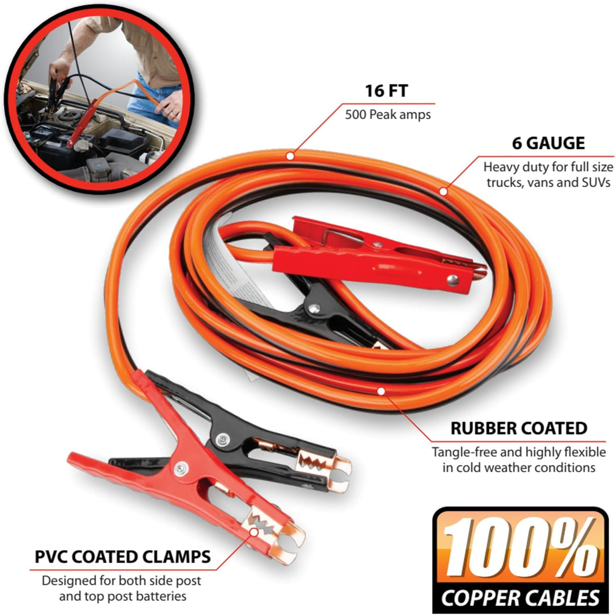 Performance Tool W1675 10ft 4GA Lighted Jumper Cables - Tangle-Free, Heavy Duty Clamps, Suitable for Trucks, SUVs, and Other Large Vehicles