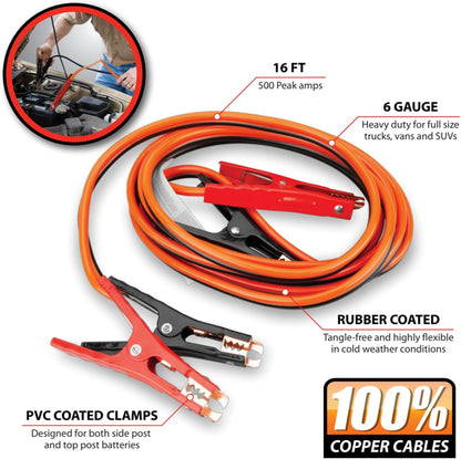 Performance Tool W1675 10ft 4GA Lighted Jumper Cables - Tangle-Free, Heavy Duty Clamps, Suitable for Trucks, SUVs, and Other Large Vehicles