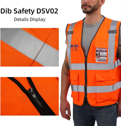 Dib Safety Reflective Safety Vest for Men Women, High Visibility Vest with Pockets and Zipper, ANSI Class 2