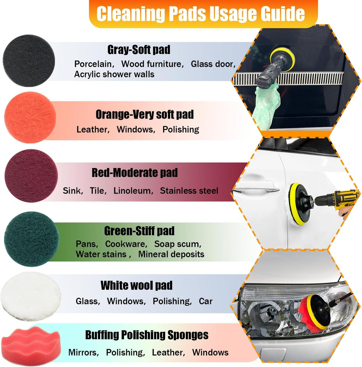 15Pcs Drill Brush Attachment Set, Drill Scrubber Brush Kit Include Soft Drill Wheel Brush, Scrub Pads, Sponge, Drill Cleaning Brush Attachment Set for Car, Bathroom, Tub, Tile, Floor, Grout, Boat