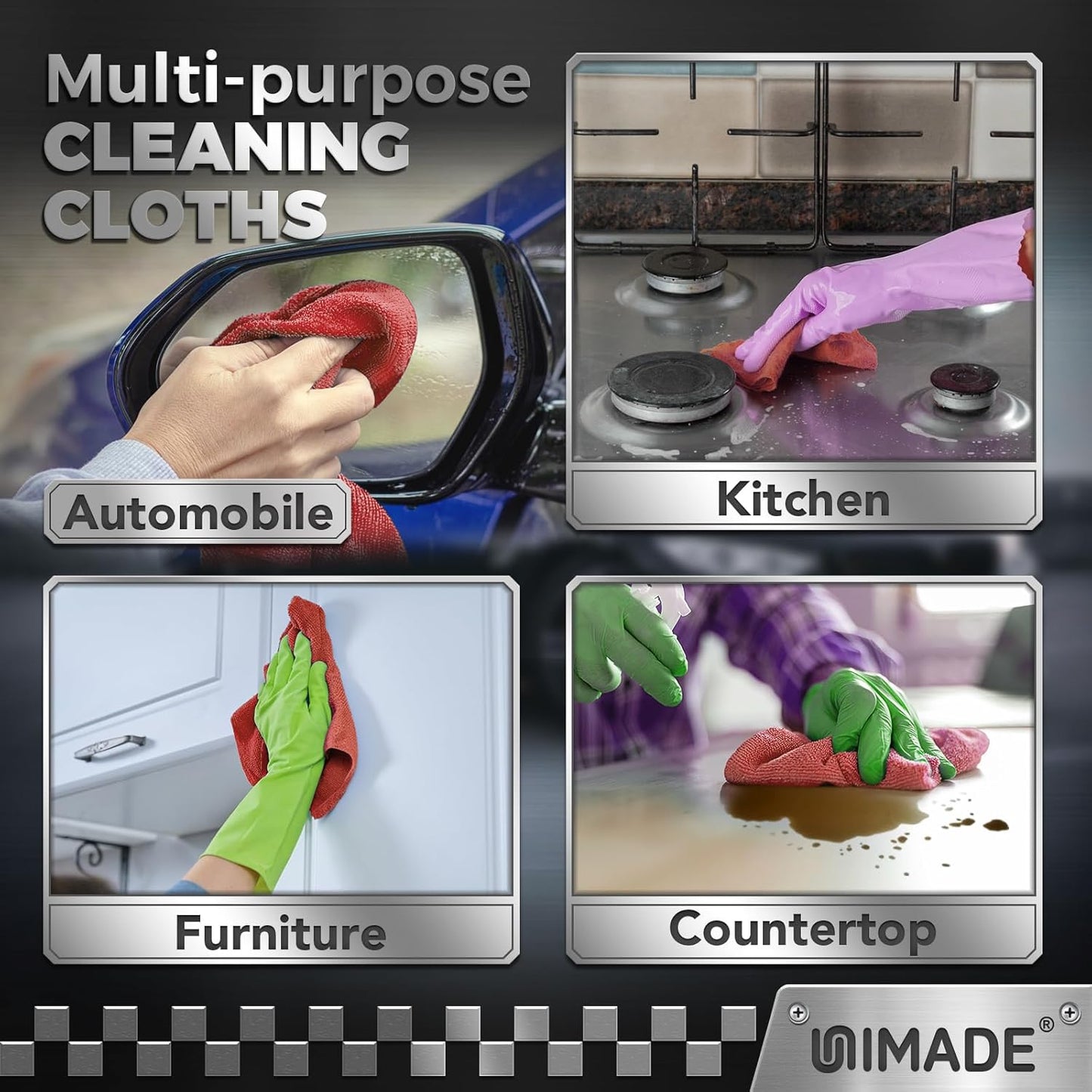 UNIMADE Microfiber Cleaning Cloth, 100 Pack Microfiber Towels for Cars Commercial Grade Work Rags Bulk Detailing Cloth for Automotive Bar Mechanic Restaurant Garage Housekeeping, 11.5"x 11.5", Grey