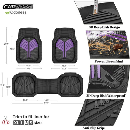 CAR PASS Heavy Duty Rubber Car Mats with Cargo Liner, Deep-Dish Car Floor Mats and Trunk Mat All Weather, Universal Trim-to-Fit for SUVs Trucks Sedans, Waterproof Anti-Slip, Trimmable V12 Black