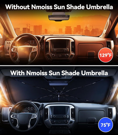 [Upgraded] Nmoiss Windshield Sun Shade Umbrella - [Vinyl Coating Heat Shield] Protect Car from Sun Rays & Heat Damage Keep Cool and Protect Interior, Spring Structure Edge Medium 56" L x 31" W