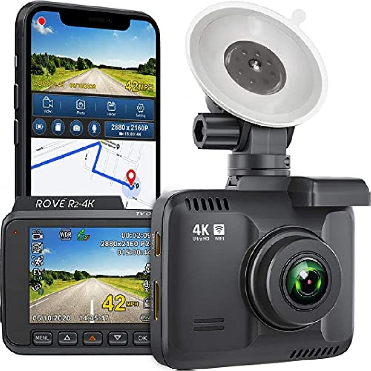 ROVE R2-4K Dash Cam, 4K UHD 2160P Car Camera with 8MP CMOS Sensor, Built-in WiFi 6 and GPS, Dash Camera For Cars with 2.4" Screen, Super Night Vision, 150" Wide Angle, Parking Mode, Supports 512GB Max