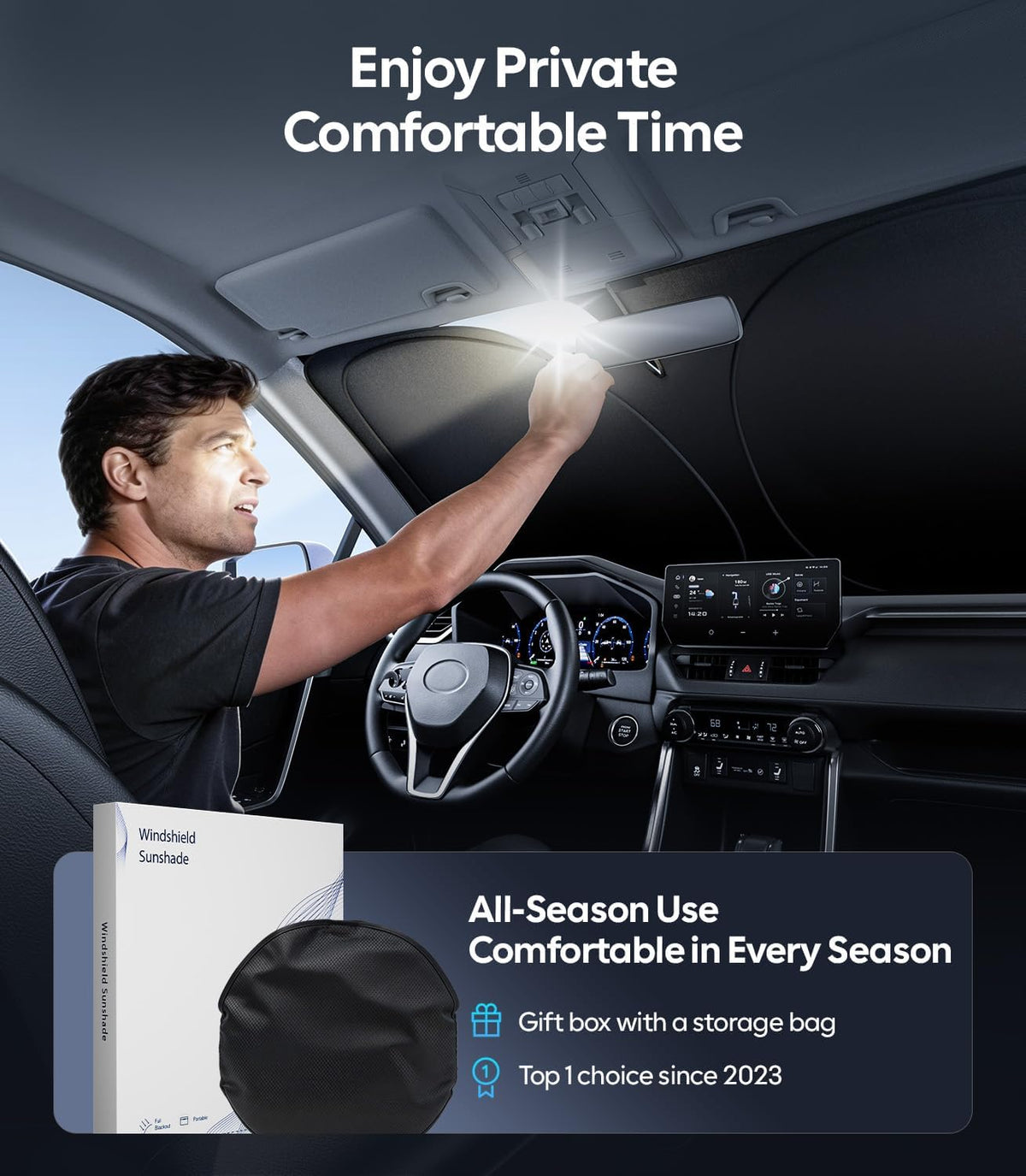 Wigoo Tesla New Model Y Accessories Windshield Sunshade [OEM Design, 100% Sun Blockage] Foldable Heat Insulation Sunshade with Storage Bag, for Model Y 2020~2026 (Juniper), Silver Coating - Colors A