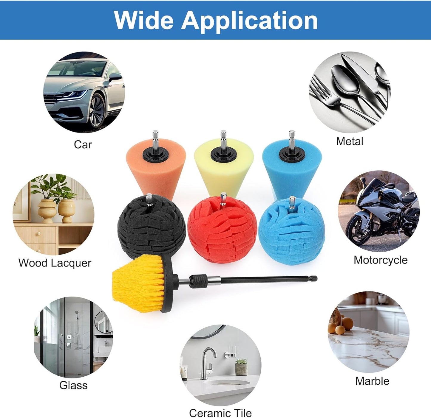 Linkstyle 5PCS Drill Polishing Ball Set, Car Wheel Polisher Sponge Pad Kit with Long Extension Pole & Cleaning Brush, Buffing Ball for 1/4" Hex Drill, Car Rim and Metal Surface Polishing Tool