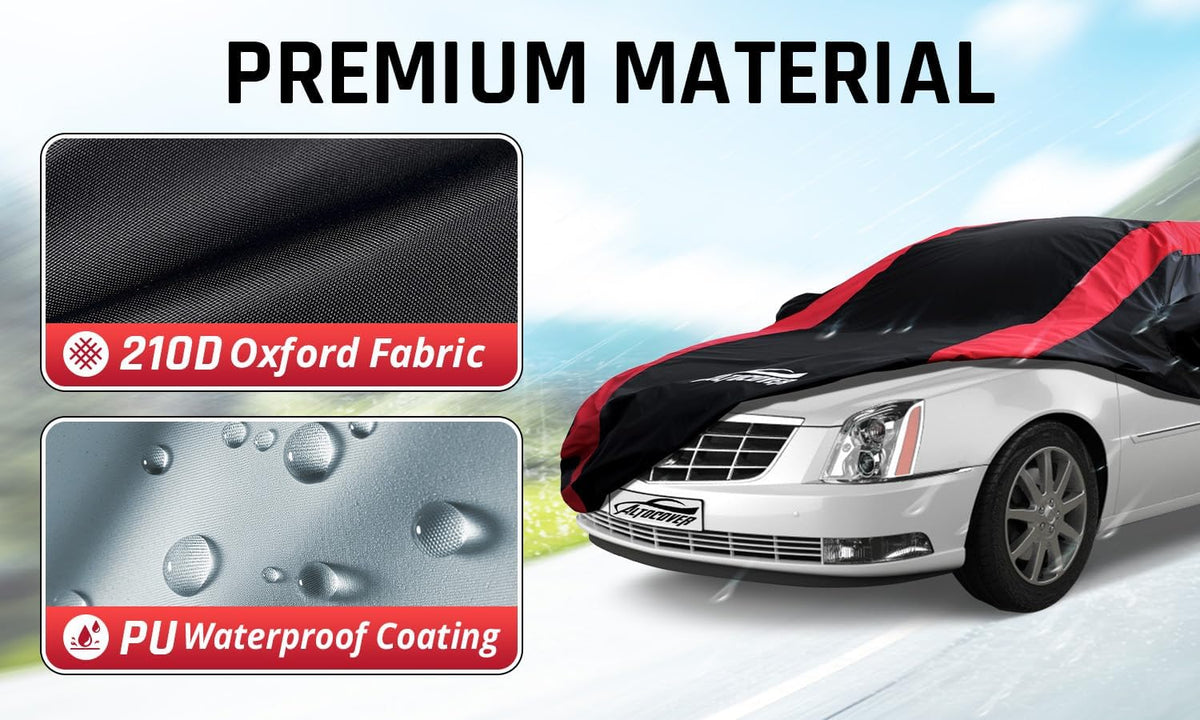 Car Cover Waterproof All Weather Protection with Red Stripe Design, Universal Fit Toyota Camry Solara, Ford Fusion, Kia Stinger Optima, Nissan Maxima, VW Passat, Subaru Legcy