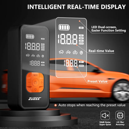 ZUZEE Tire Inflator Portable Air Compressor - 4X Faster Inflation, 150PSI Air Pump for Car Tires with Digital Pressure Gauge/LED Light, Portable Tire Inflator for Car, Moto, Bike, Ball, etc