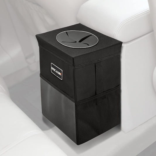 Car Trash Can with Lid - Trash Bag Hanging with Storage Pockets Leak-Proof SUV Organizer Collapsible and Portable Waterproof Truck Garbage Bin, 2.6 Gal Large Capacity Multipurpose Trash Bin for Van