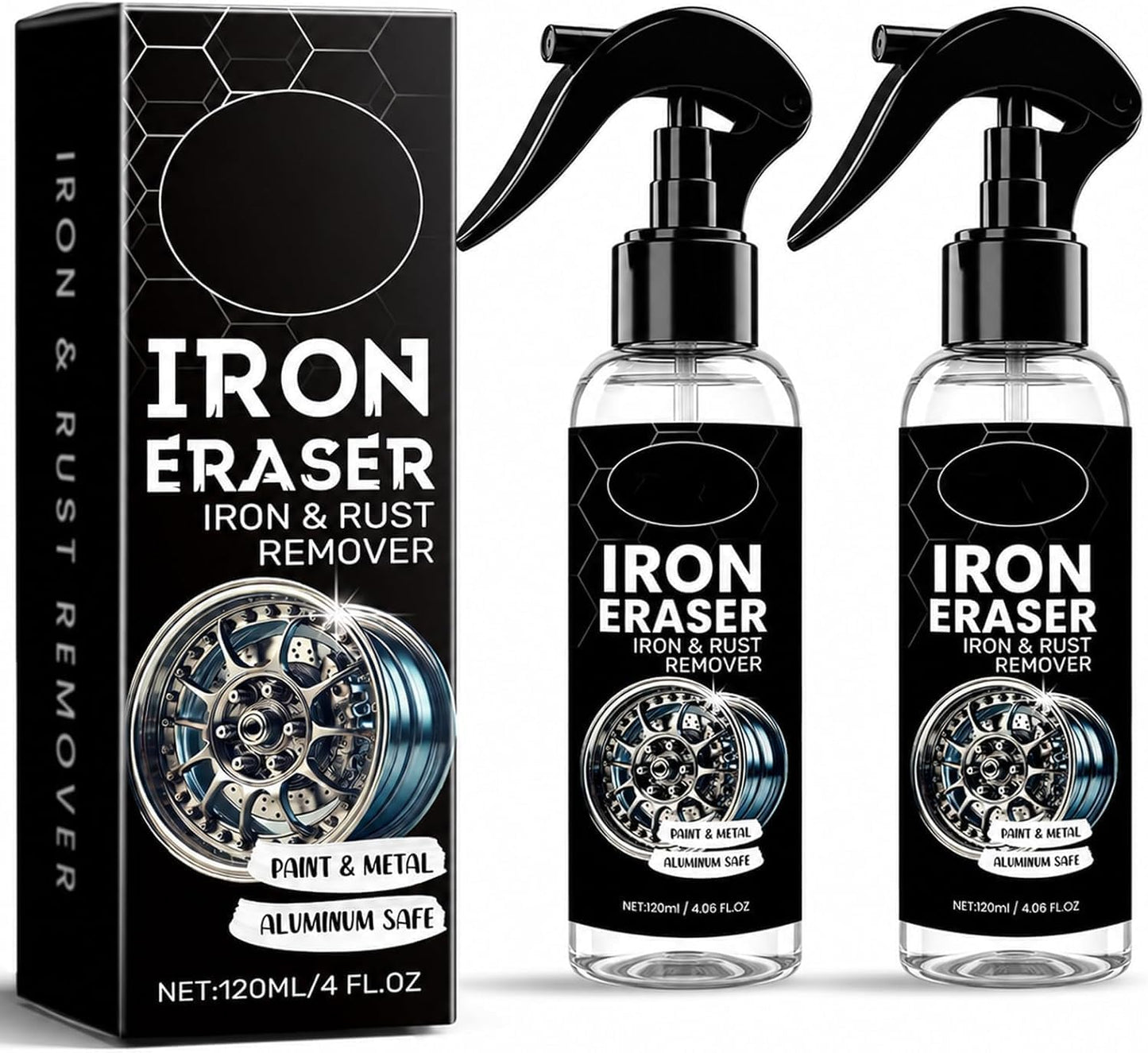 Iron Eraser Rust Remover Spray – Fast Acting Iron & Brake Dust Remover for Car Wheels and Paint, Professional Automotive Surface Cleaner, Iron Powder Remover (2 Pack)